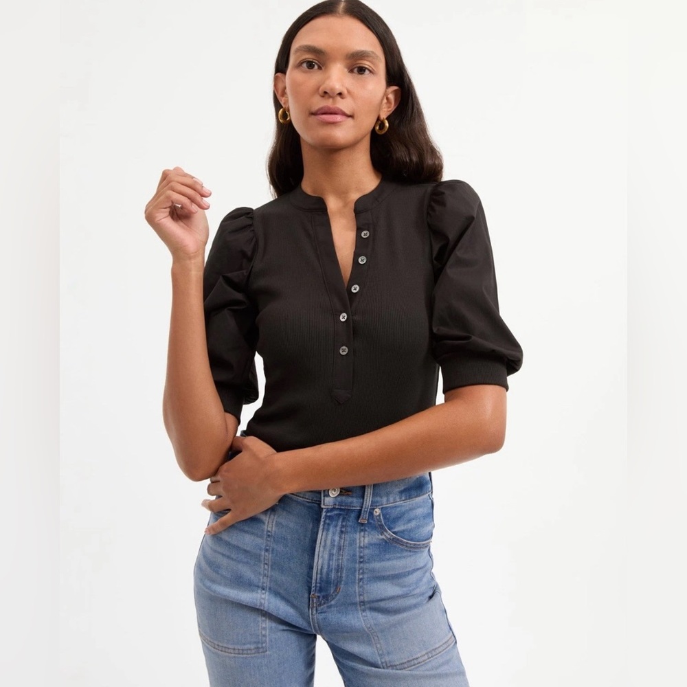 Veronica Beard Coralee Puff Sleeve Blouse Top Womens M Black Pima Cotton $198